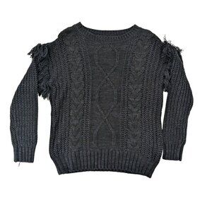 Cable Knit Fringe Sweater Pullover Boho Cottage Chunky Relaxed Fit Cozy Size S